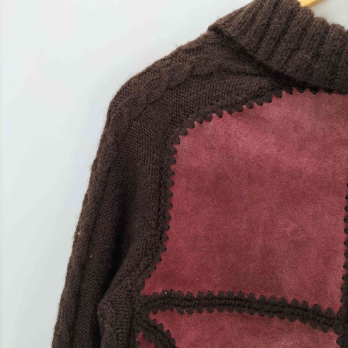 スエード切替 ボタン ニット カーディガン 袖ケーブル編み メンズ